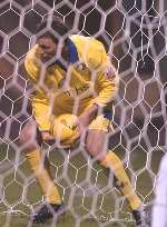 TOO LATE: Darius Henderson picks the ball out of the net after his goal. Picture: GRANT FALVEY