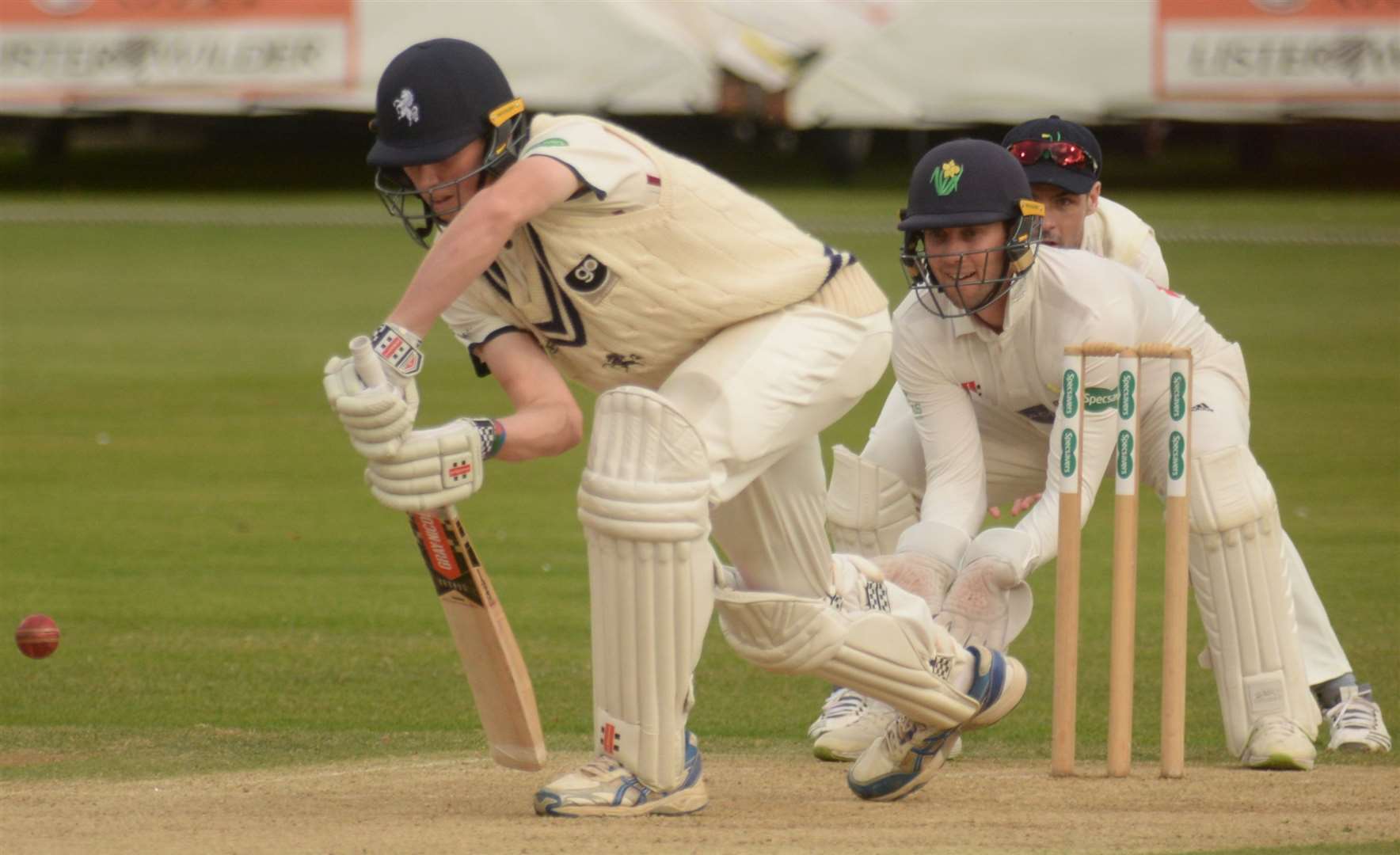 Zak Crawley pushes forward during his maiden century against Glamorgan at Canterbury last season Picture: Chris Davey