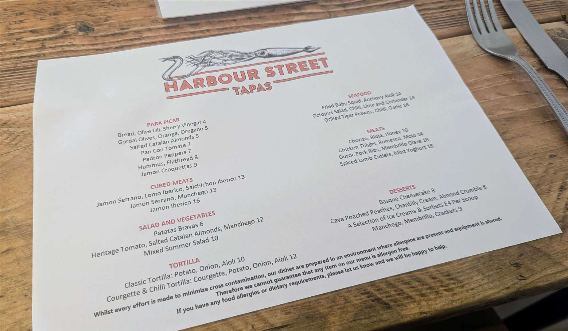 The menu at Harbour Street Tapas in Whitstable