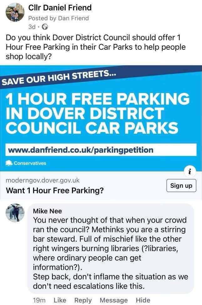 Cllr Mike Nee's public comment on the petition for an hour of free parking, which he later deleted