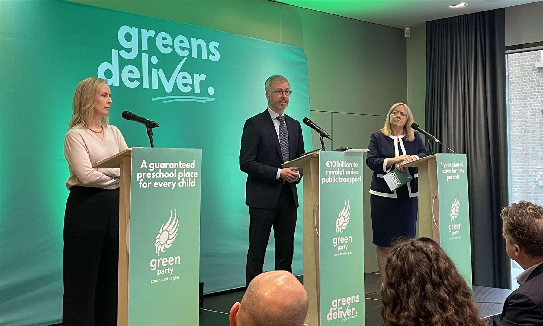 Senator Pauline O’Reilly, Roderic O’Gorman and Senator Roisin Garvey at the launch of the Green Party’s election manifesto in Dublin (Grainne Ni Aodha/PA)