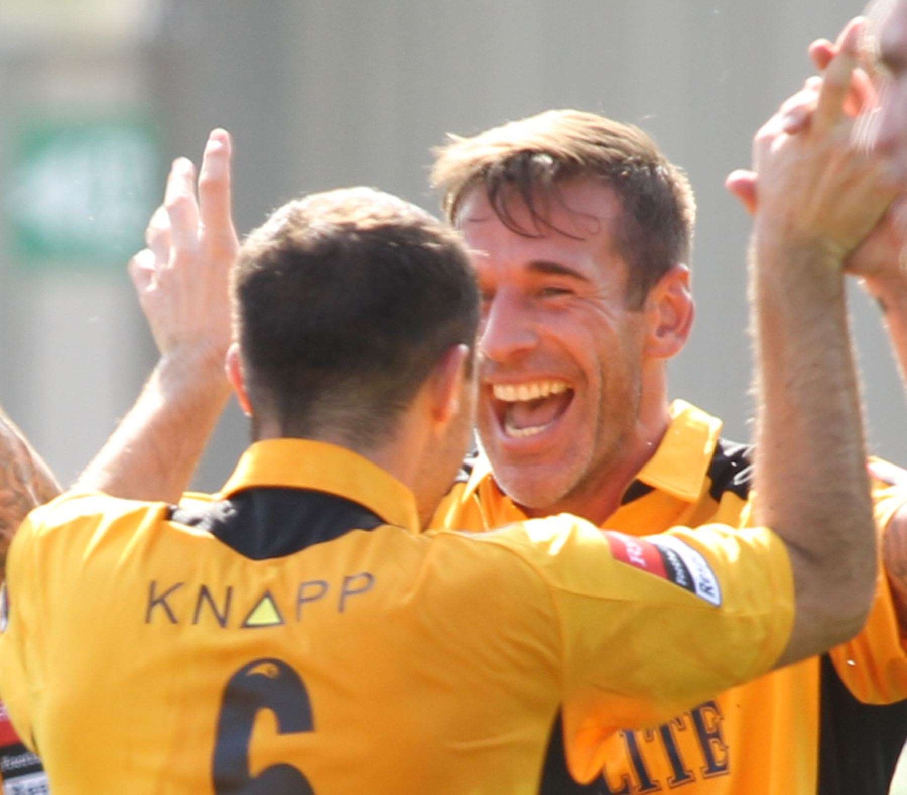 Paul Booth celebrates scoring Maidstone's very first league goal at the Gallagher, a penalty against Walton & Hersham Picture: John Westhrop