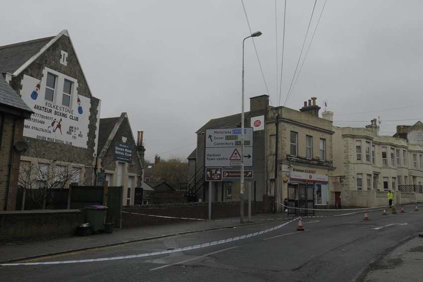 A lane of Dover Road in Folkestone cordoned off. Picture: Ruth Cuerden