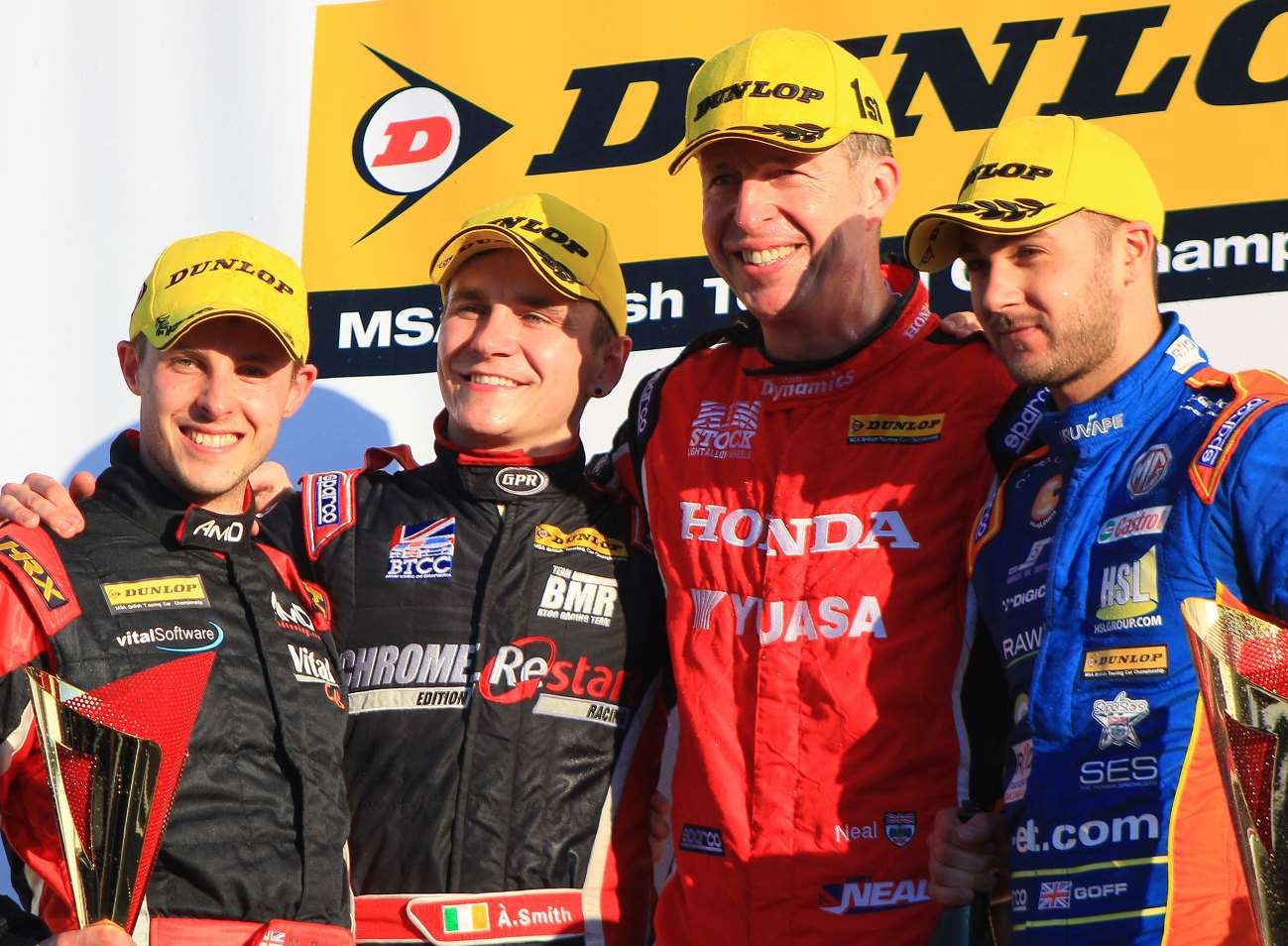 Bushell joins Aron Smith, Matt Neal and Jack Goff on the race three podium. Picture: Joe Wright