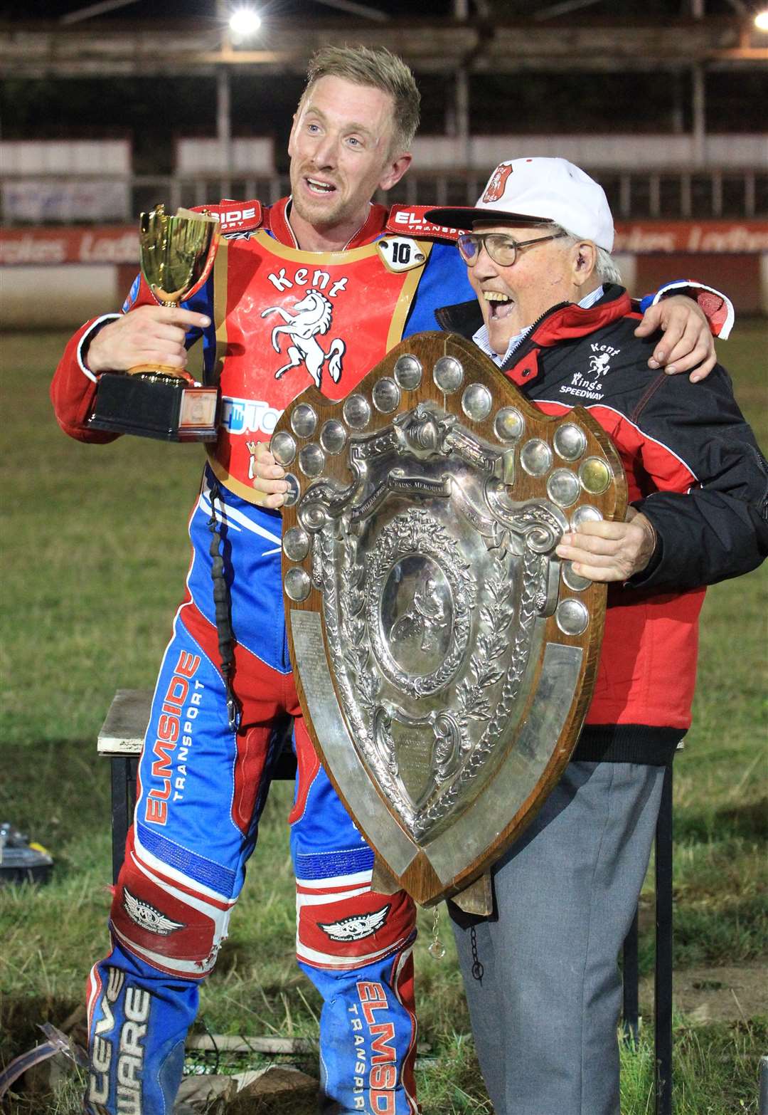 Speedway legend Len Silver, here with ex-Kent rider Luke Bowen, has died aged 92. Picture: Geoff Hunt