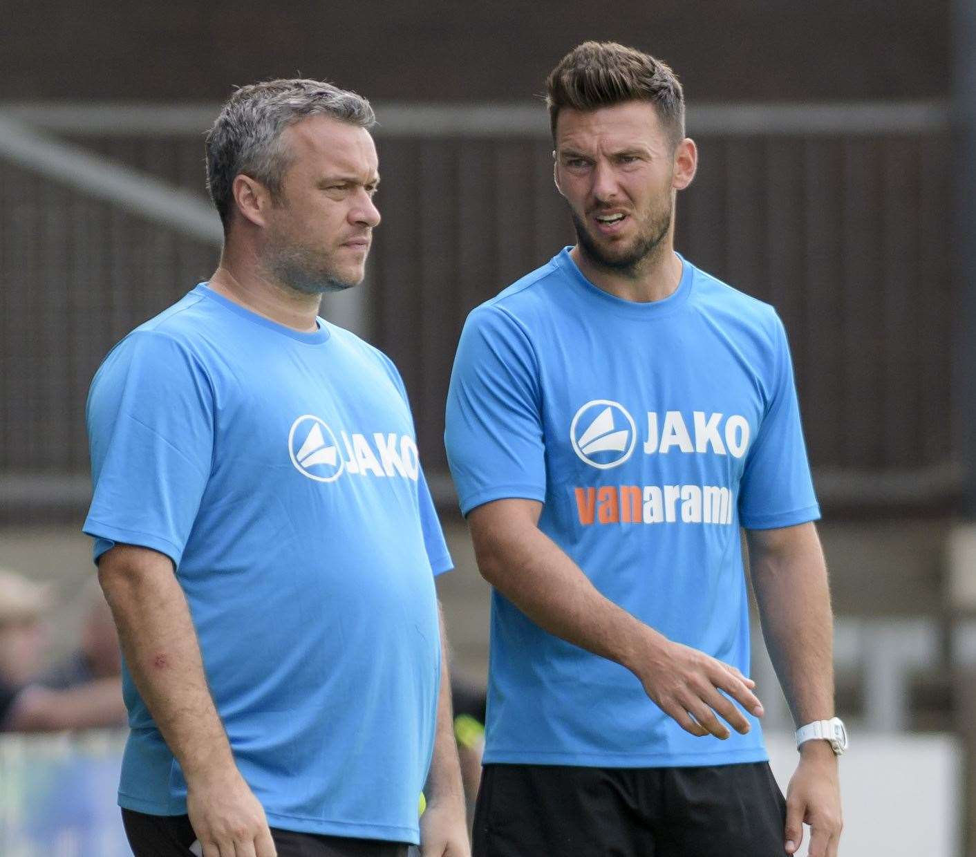 Adam Flanagan and Jamie Coyle confer on the touchline Picture: Andy Payton