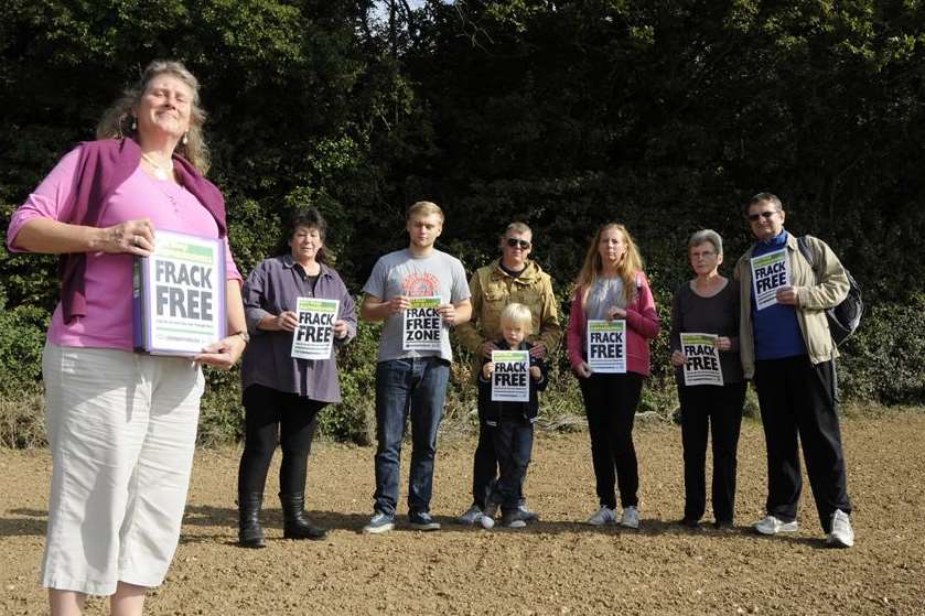 Pam Mudge-Wood and fellow anti-fracking protestors in the field opposite Puckland Wood at Shepherdswell