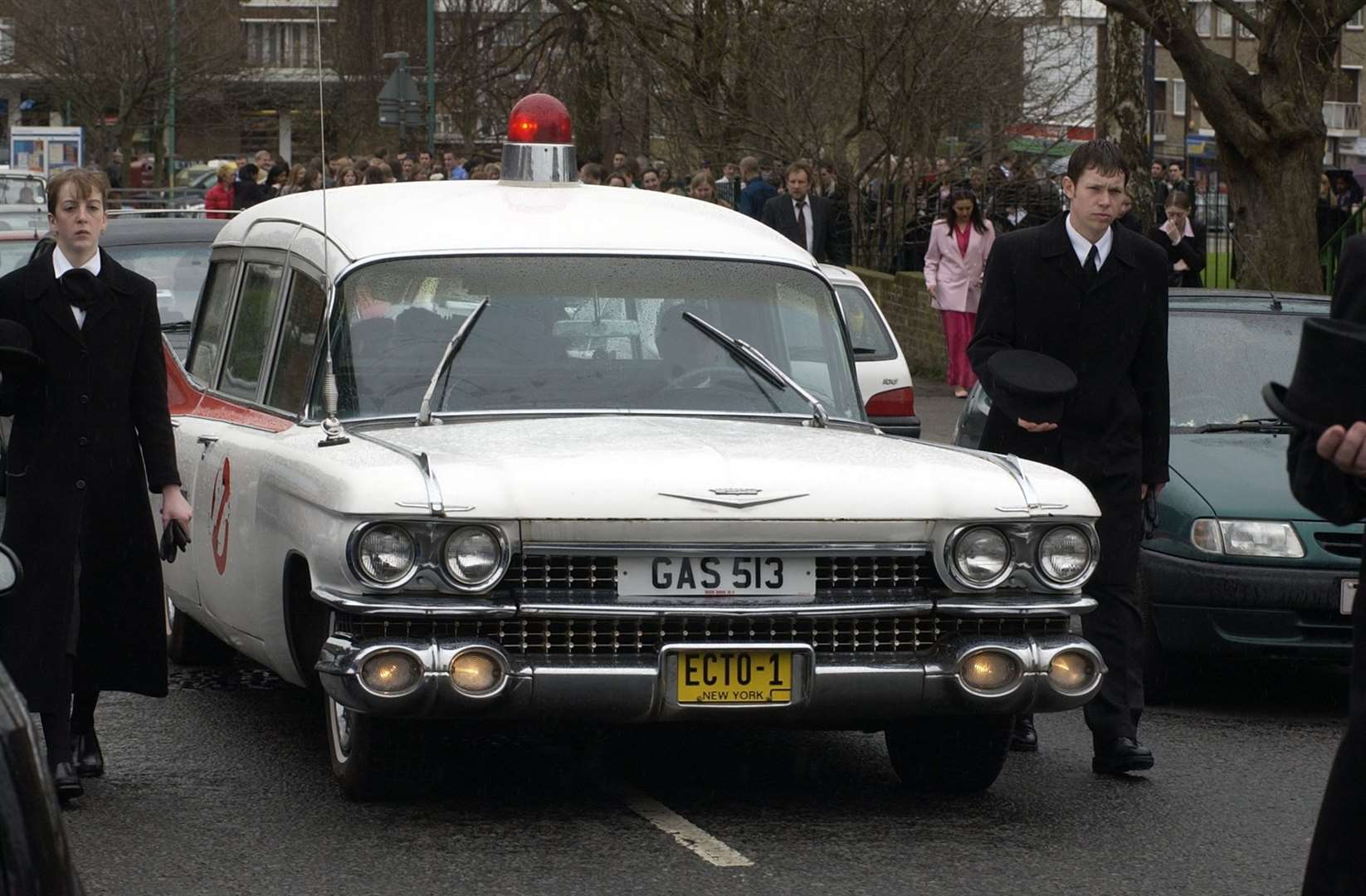 The Ghostbusters hearse leaves the funeral of Ryde Hutchinson, 18, Holy Trinity Church Twydall in 2001. Picture: Matthew Walker (15481424)