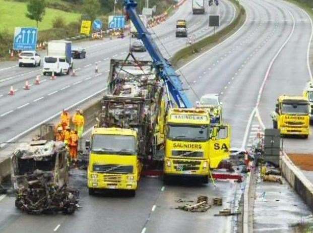 A Tesco HGV caught on fire on the M25 near Sevenoaks. Picture: National Highways