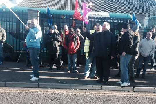 Workers picketing at the Arriva bus depot in Gillingham