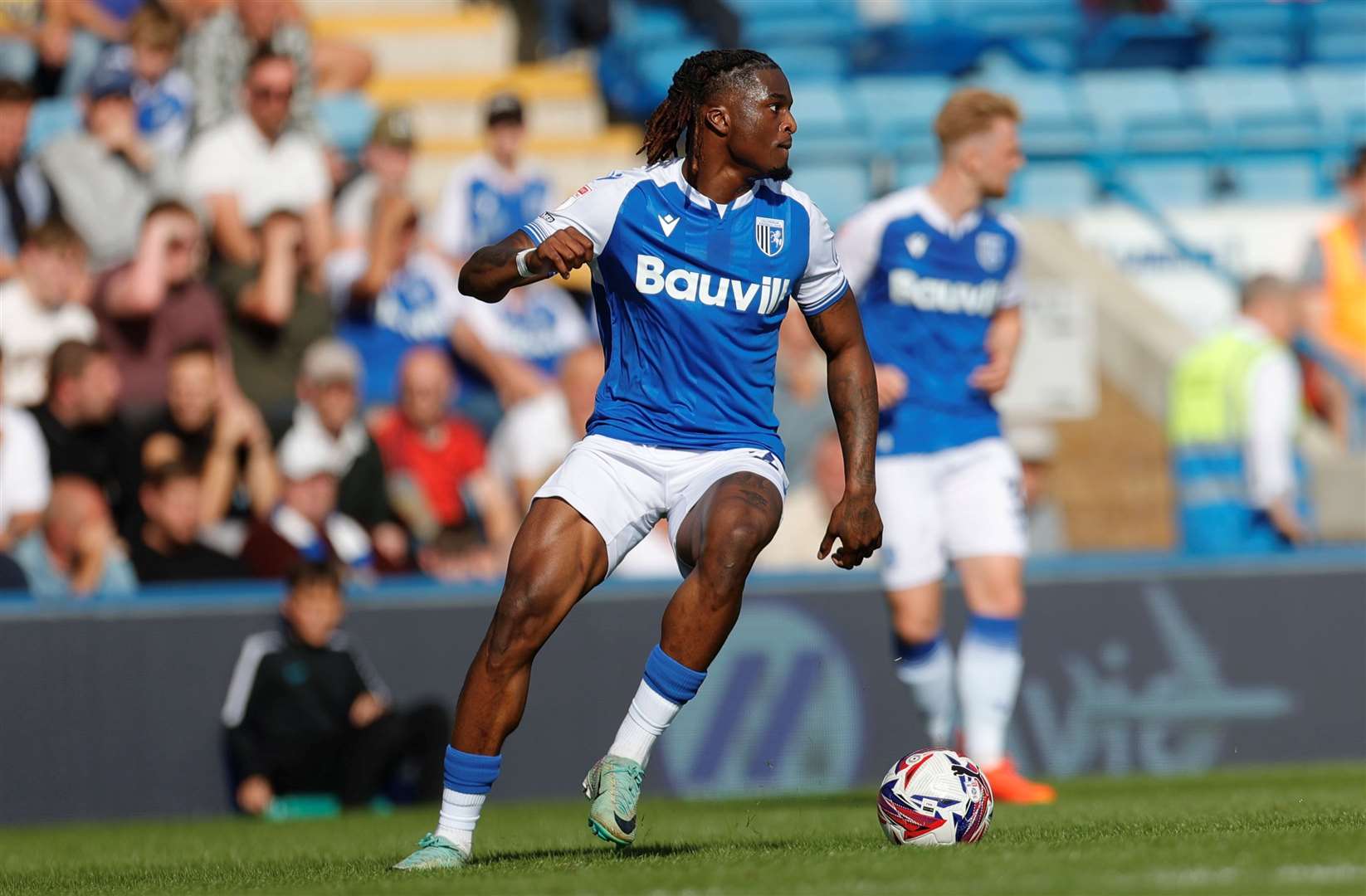 Shad Ogie on the ball for Gillingham against Tranmere Picture: @Julian_KPI