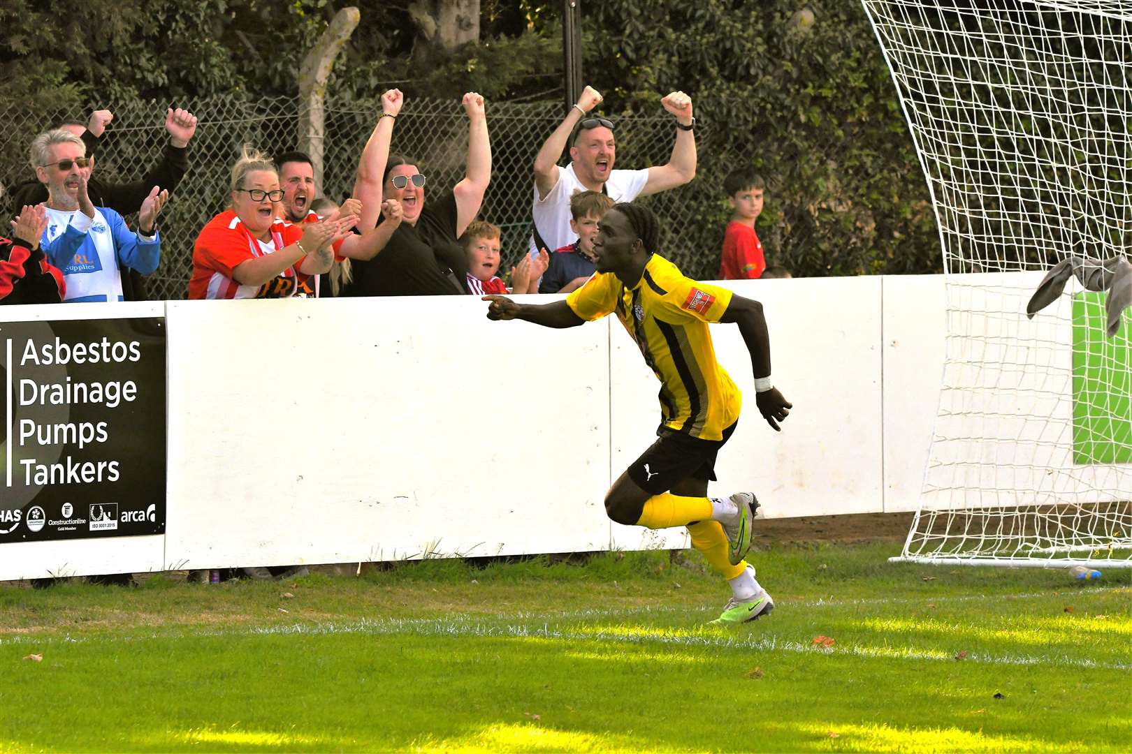 Eitel Goueth celebrates scoring the fourth Sheppey goal at Hythe in Isthmian South East Picture: Marc Richards