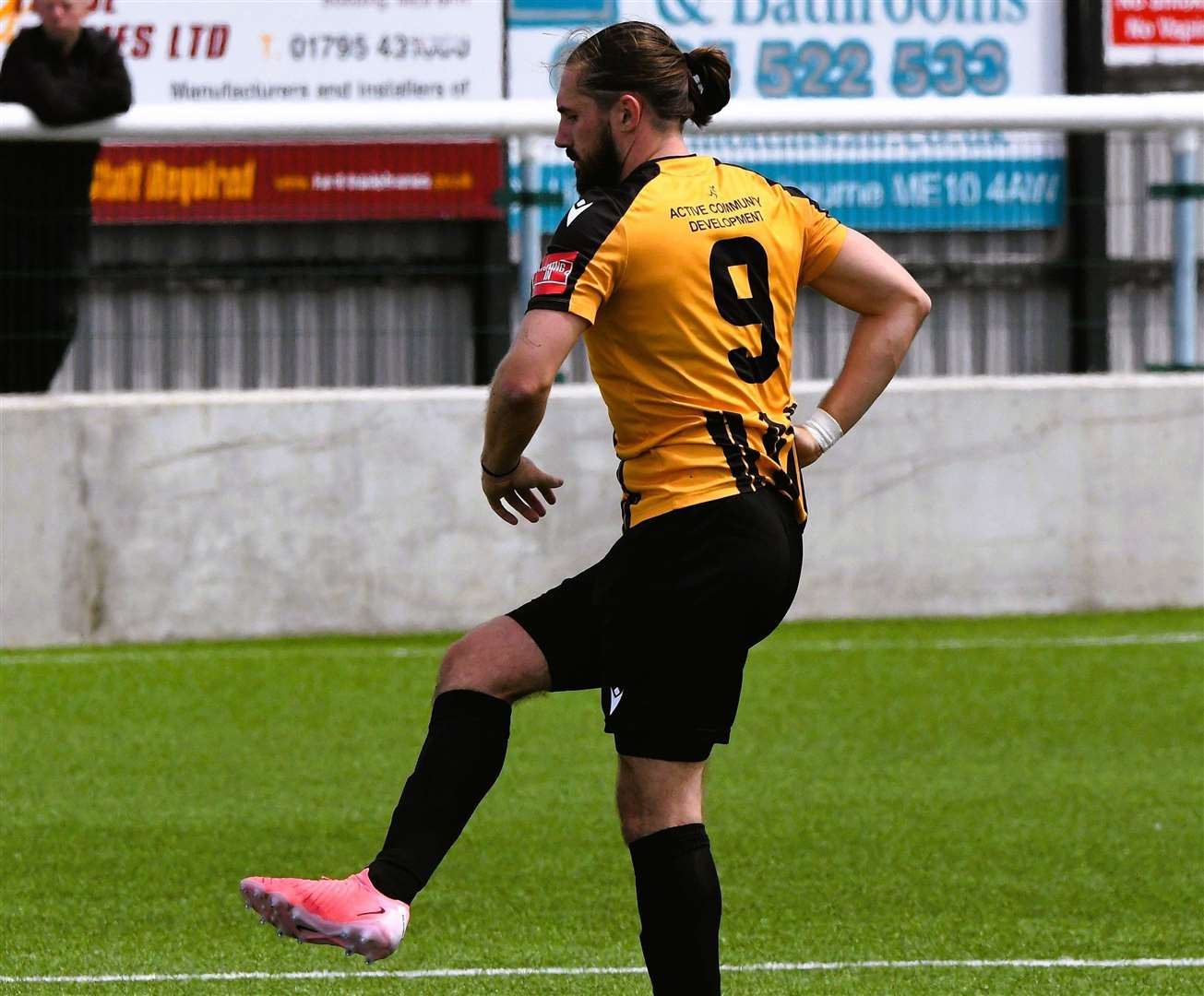 Folkestone forward Tom Derry - scored for the second game in a row at Wingate & Finchley, only to be involved in the collision which brought the afternoon to an early end. Picture: Marc Richards