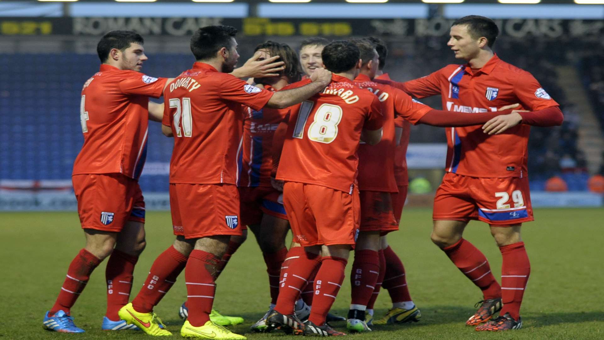 Gillingham celebrate scoring their second goal at Colchester Picture: Barry Goodwin