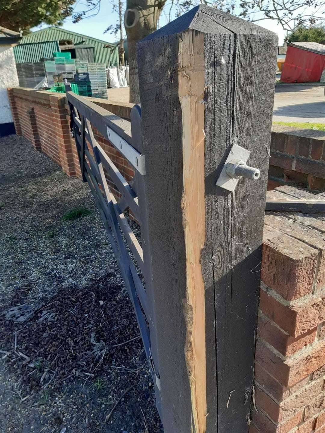 The damaged gatepost at Jim Wenban's home in Cliffe