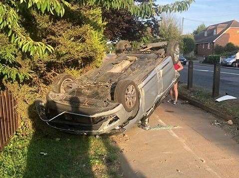 The vehicle landed on its roof after it was struck by a car carrier on the A20 London Road, Aylesford. Picture: Anna Chapman