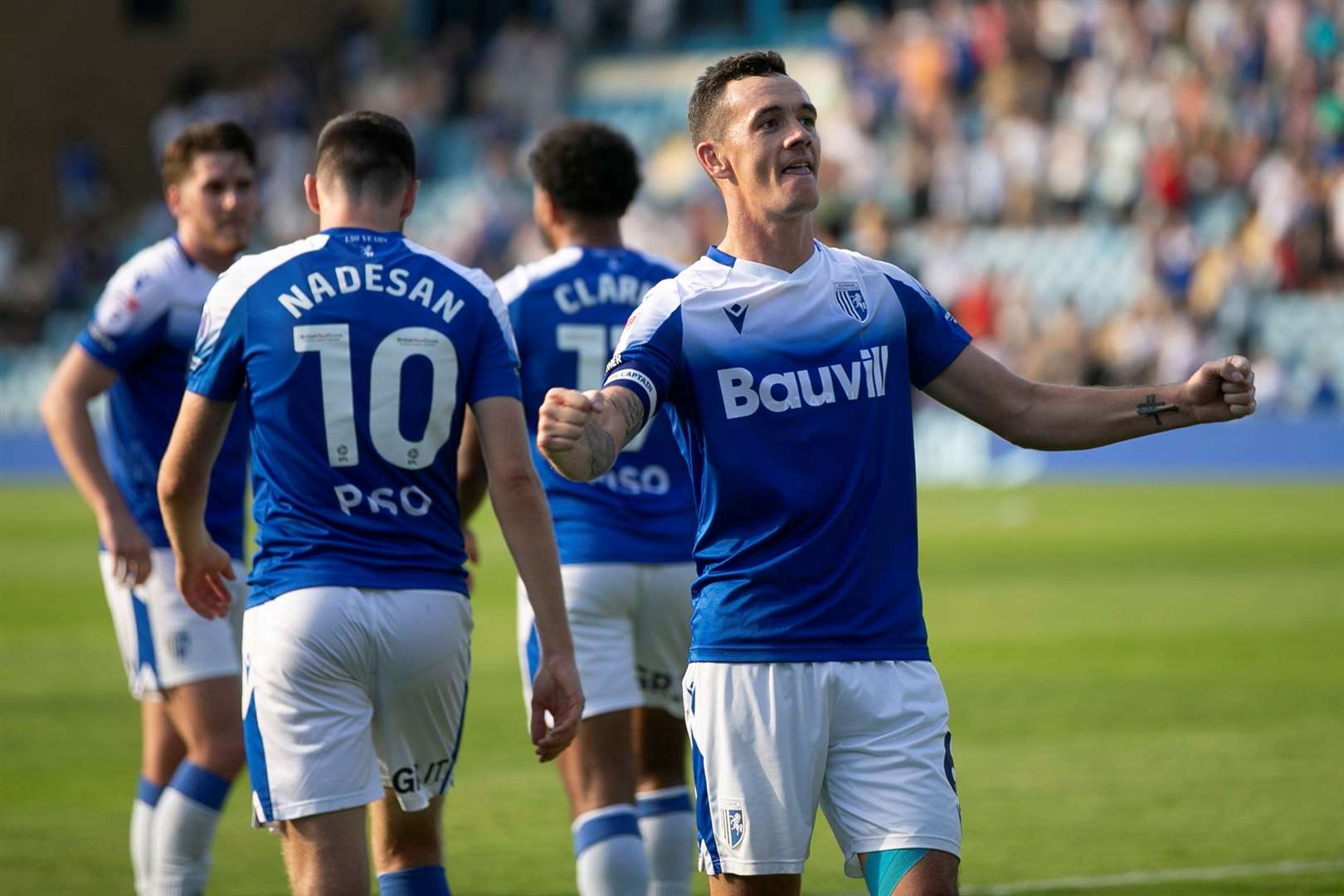 Shaun Williams enjoys his winning goal infront of the Rainham End Picture: @Julian_KPI