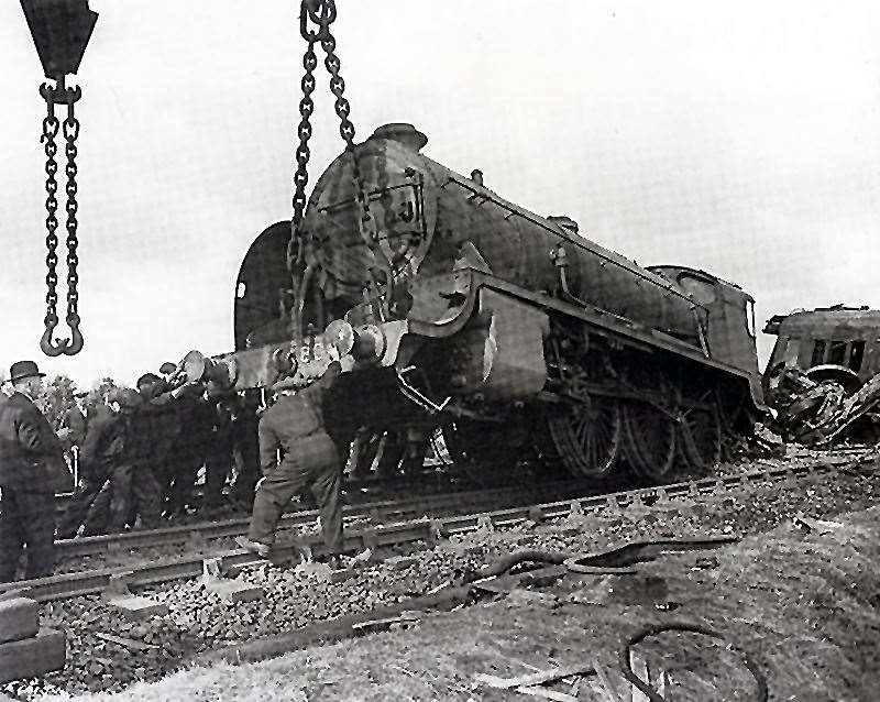 The damaged engine, Sir Galleron after the Oak Lane train crash August 16th 1944. A doodlebug landed close to the track, eight people were killed.