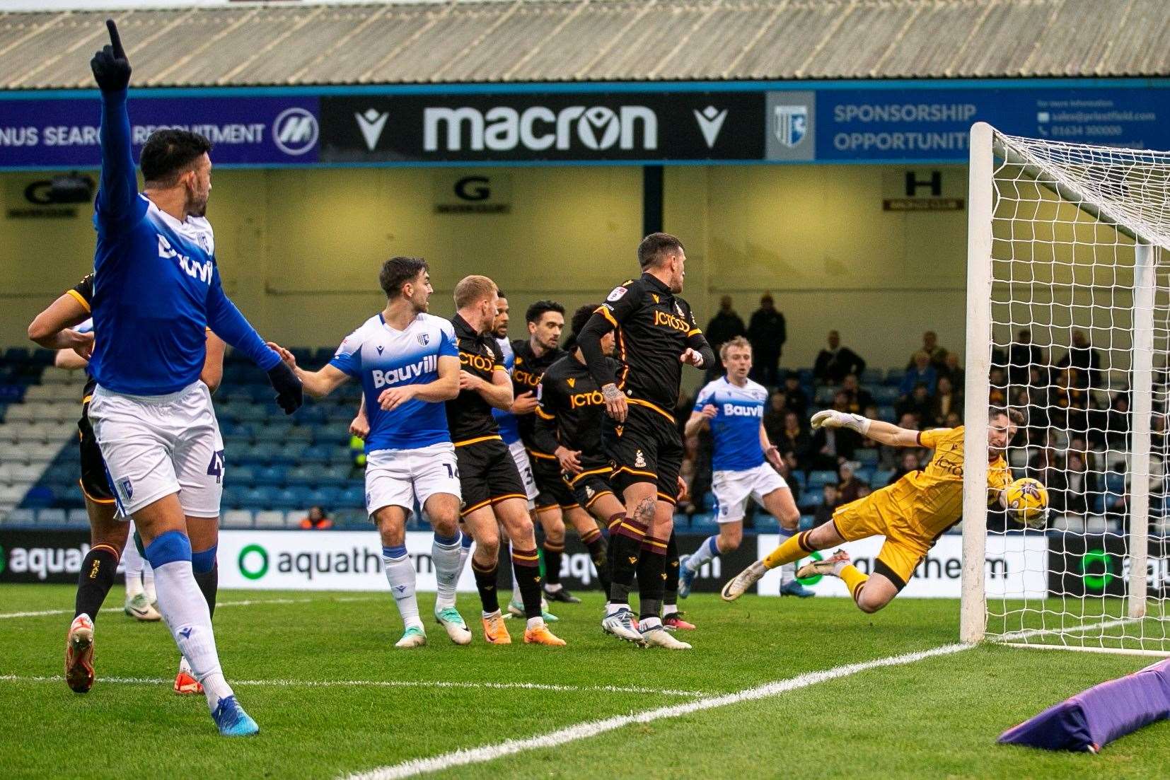 No goal given as Macauley Bonne goes to celebrate after heading goalwards from Connor Mahoney’s 15th minute corner Picture: @Julian_KPI