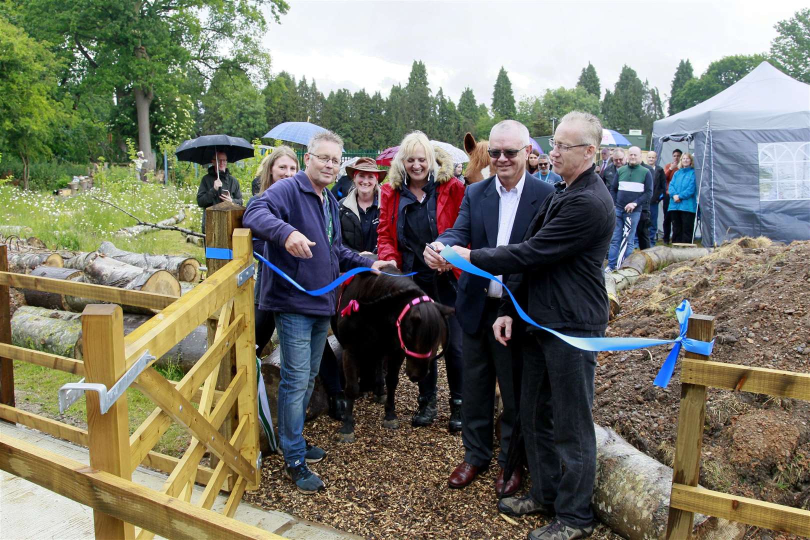 Paul Atkinson, horticulture specialist, Chris Miller and Anthony Diprose from Lloyds bank, both helped with the construction work and LuLu the pony. Picture: Sean Aidan (11918564)