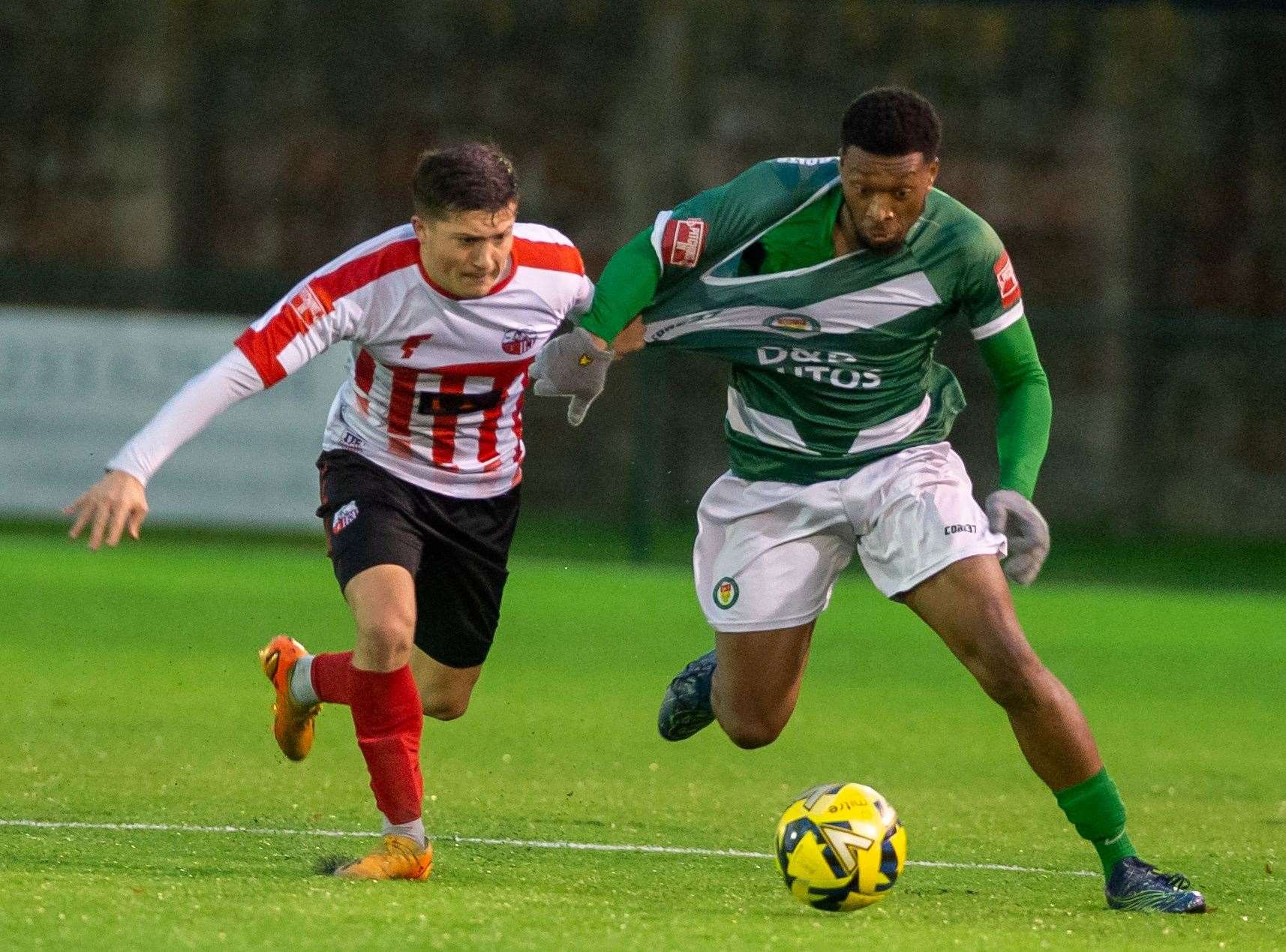 Vance Bola, right, tries to escape the attention of a Sheppey defender. Picture: Ian Scammell