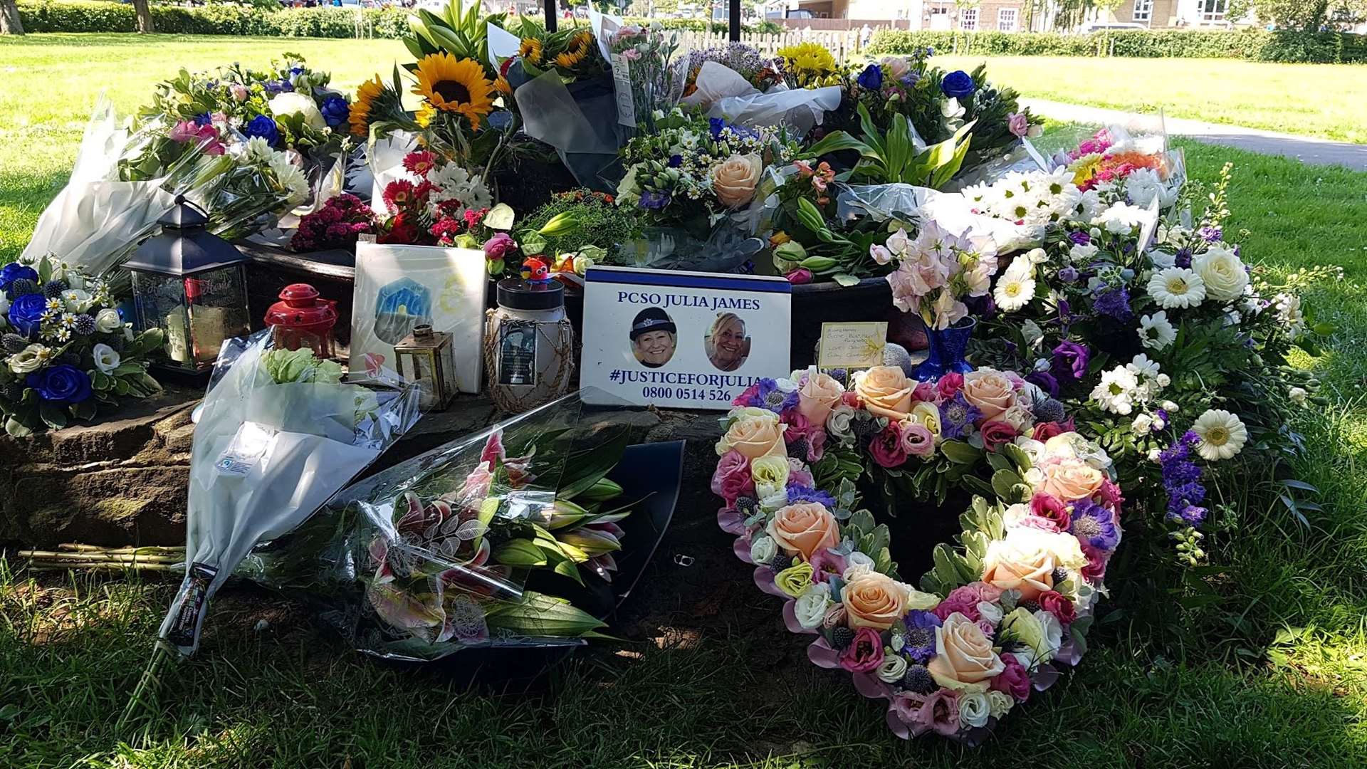 Flowers left in Aylesham for Julia James on the day of her funeral