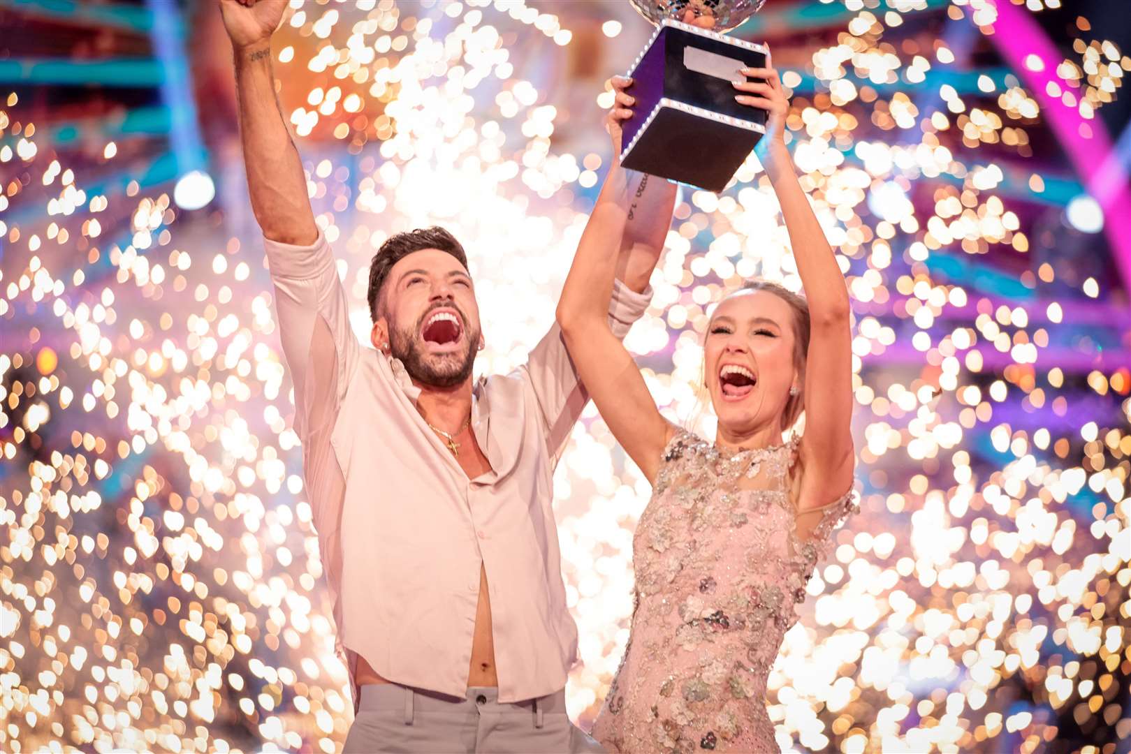 Dancer Giovanni Pernice and Rose Ayling-Ellis lifted the glitterball last year. Picture: BBC/ Guy Levy