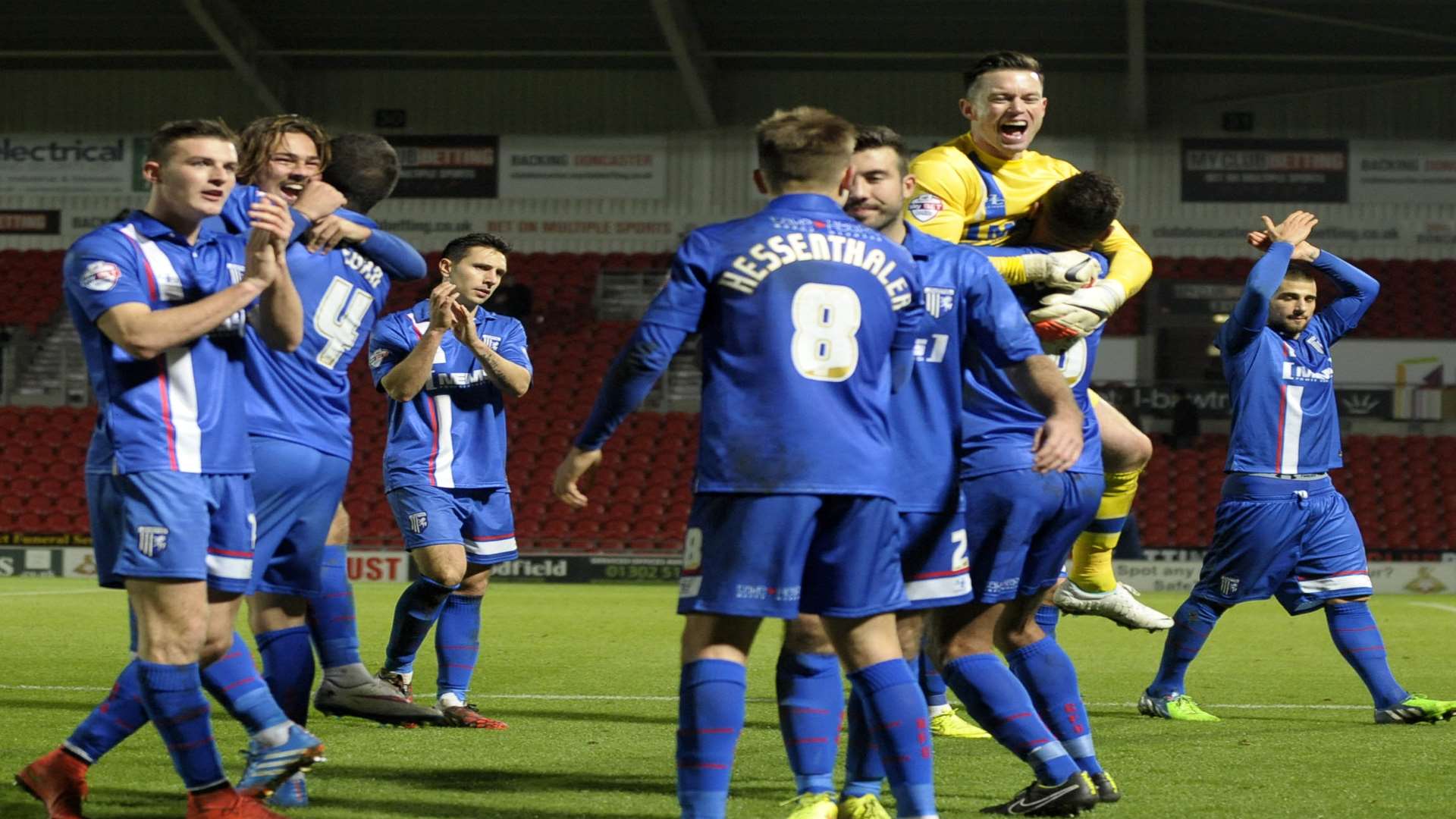 Gillingham celebrate their first away league win of the season Picture: Barry Goodwin