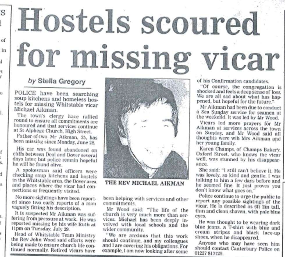 The Whitstable Gazette reported how police were searching soup kitchens and homeless hostels for missing vicar The Rev Michael Aikman