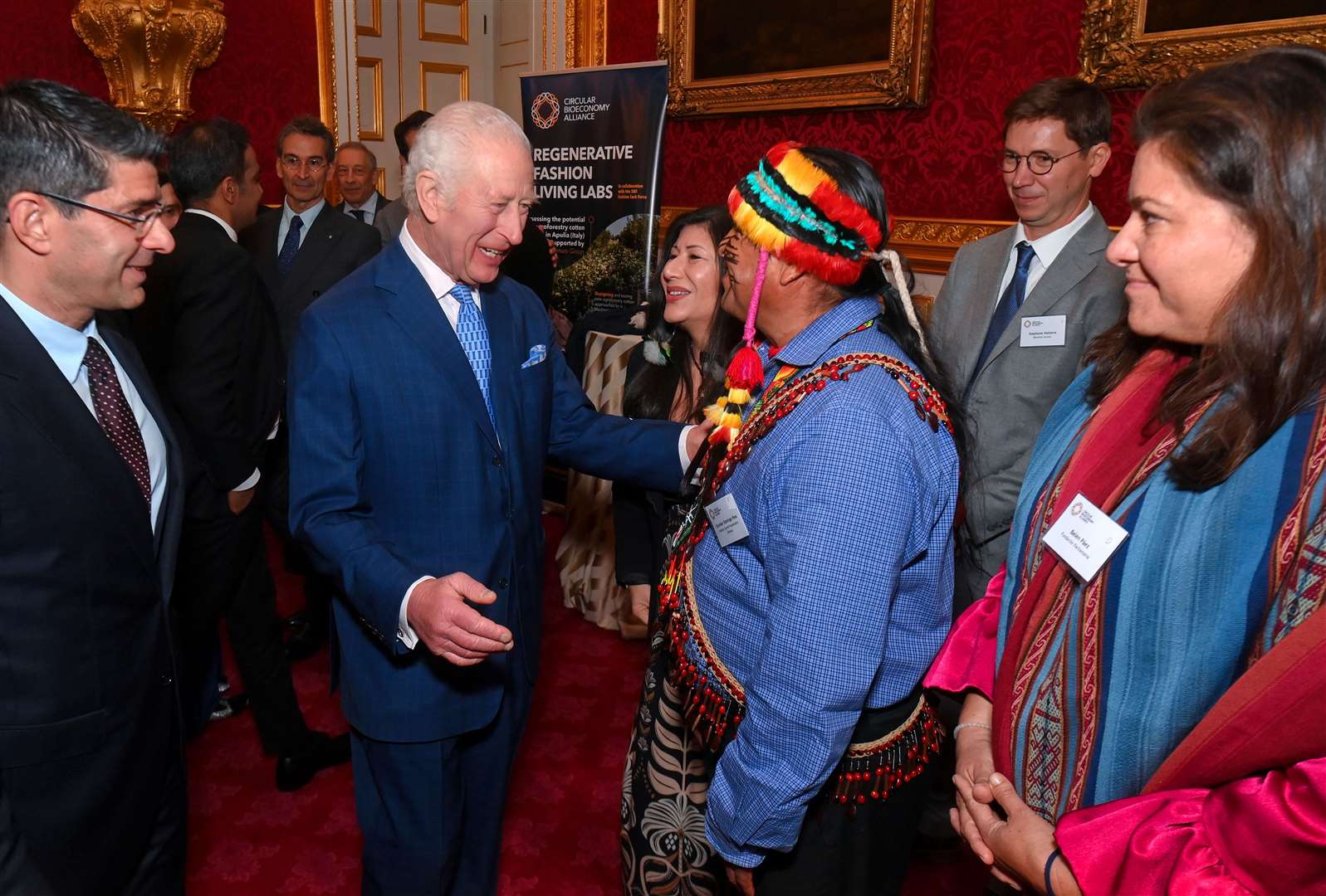 The King meets Uyunkar Domingo Peas Nampichkai at the launch of the Circular Bioeconomy Alliance at St James’s Palace (Eamonn McCormack/PA)