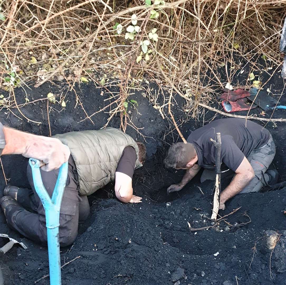 After cutting down five trees, helpers used their hands to free the terrier Picture: Kieron Driver