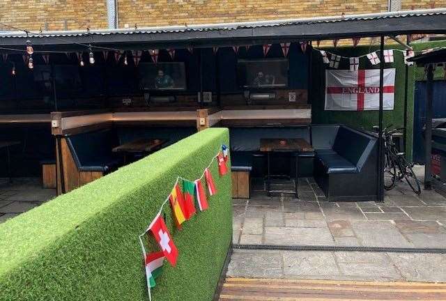 The courtyard garden was still bedecked in flags – who’d have thought England would still be in Germany after the way we started?