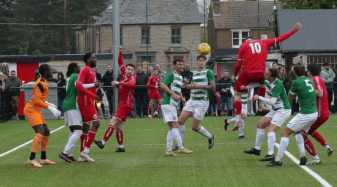 Harvey Smith scores his second with a header. Picture: Les Biggs