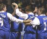 WINNER: Tommy Johnson is congratulated after sealing Gillingham's win. Picture: GRANT FALVEY