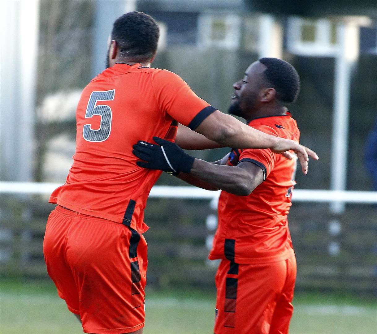 Jai McKinlay (No.5) celebrates his opener for Lordswood Picture: Sean Aidan