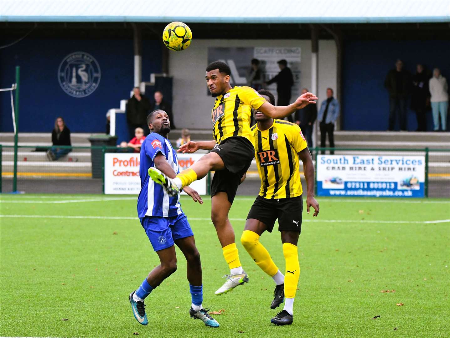 Mamadou Diallo, of Sheppey, beats Herne Bay striker Mike Salako to the ball in the air. Picture: Marc Richards