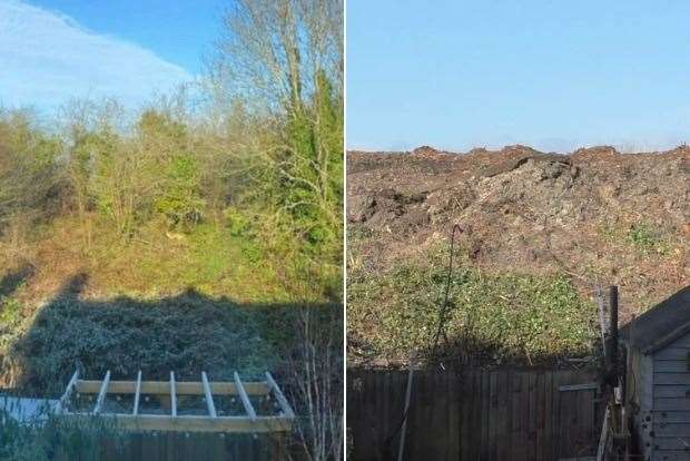 From left to right, the before and after images showing the destruction of the land behind Aimee's home