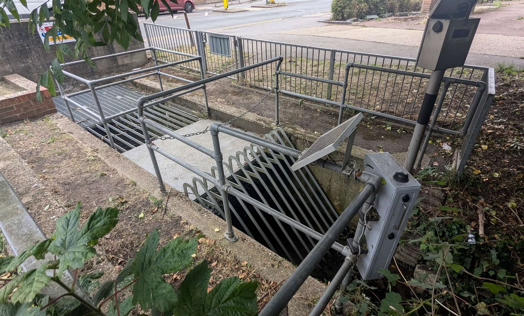 Monitoring equipment and a ‘trash screen’ on the Pent stream at the bottom of Park Farm Road in Folkestone