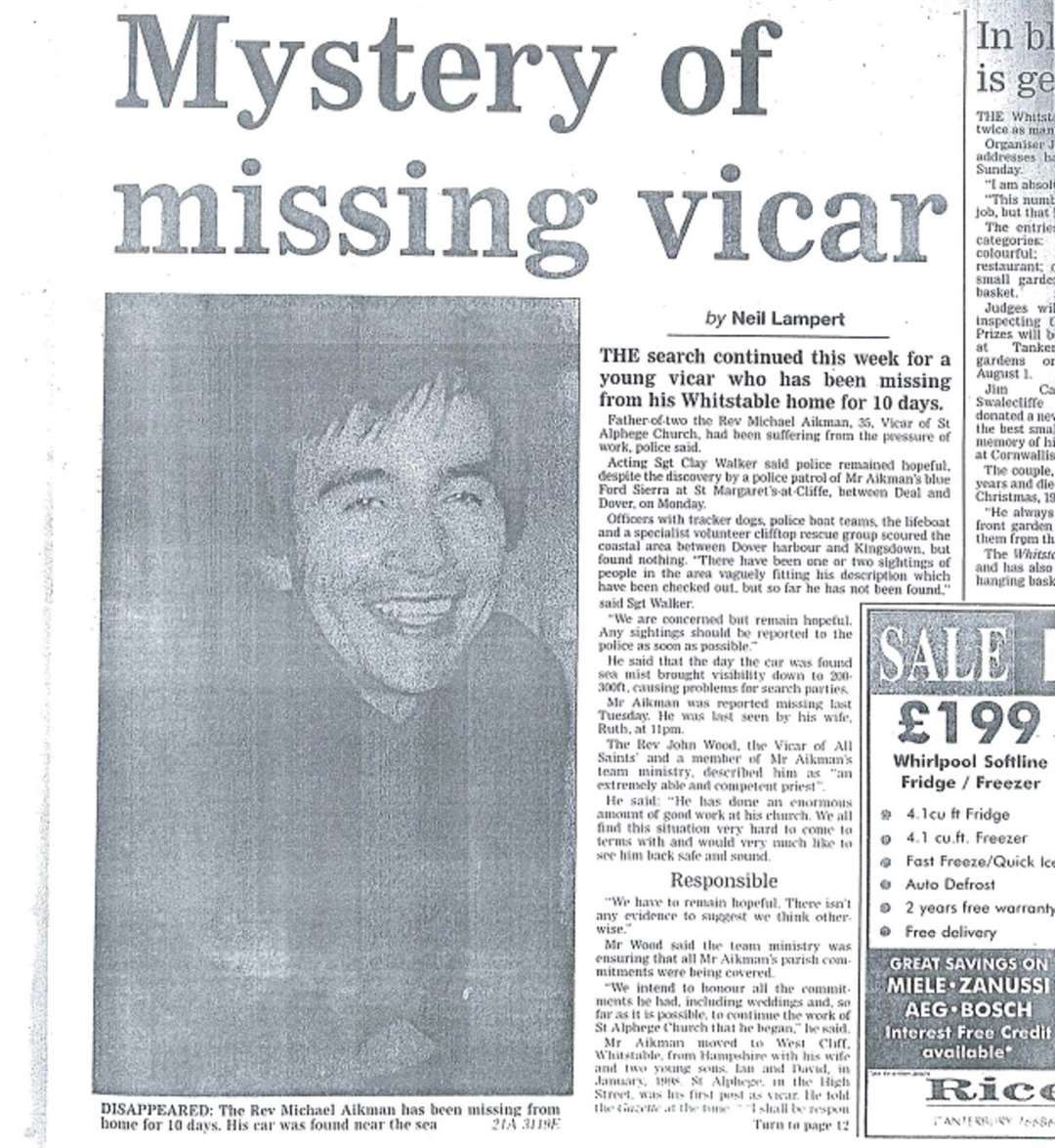 The Whitstable Gazette's front page story on the disappearance of The Rev Michael Aikman in June 1999