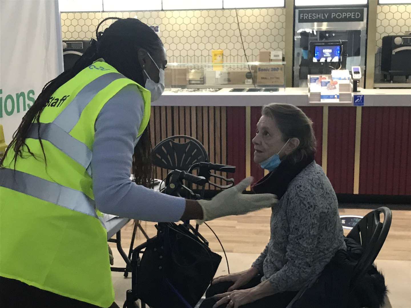 Helen Wiggins, 74, gets her Covid jab at The Odeon, Maidstone. Picture: Katie Heslop