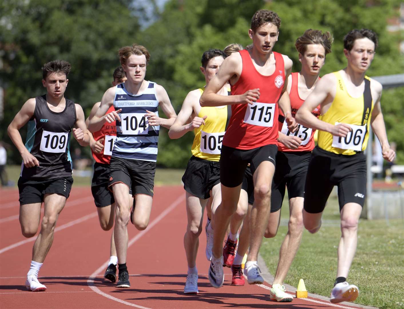 Invicta East Kent's Jamie Keir (No.115) took the under-20 men's 1,500m crown despite the best efforts of Harrison White (Canterbury Athletics Academy, No.109), Daniel Moulton (Dartford Harriers, No.104) and Louis Small (Ashford AC, No.106). Picture: Barry Goodwin (56694640)