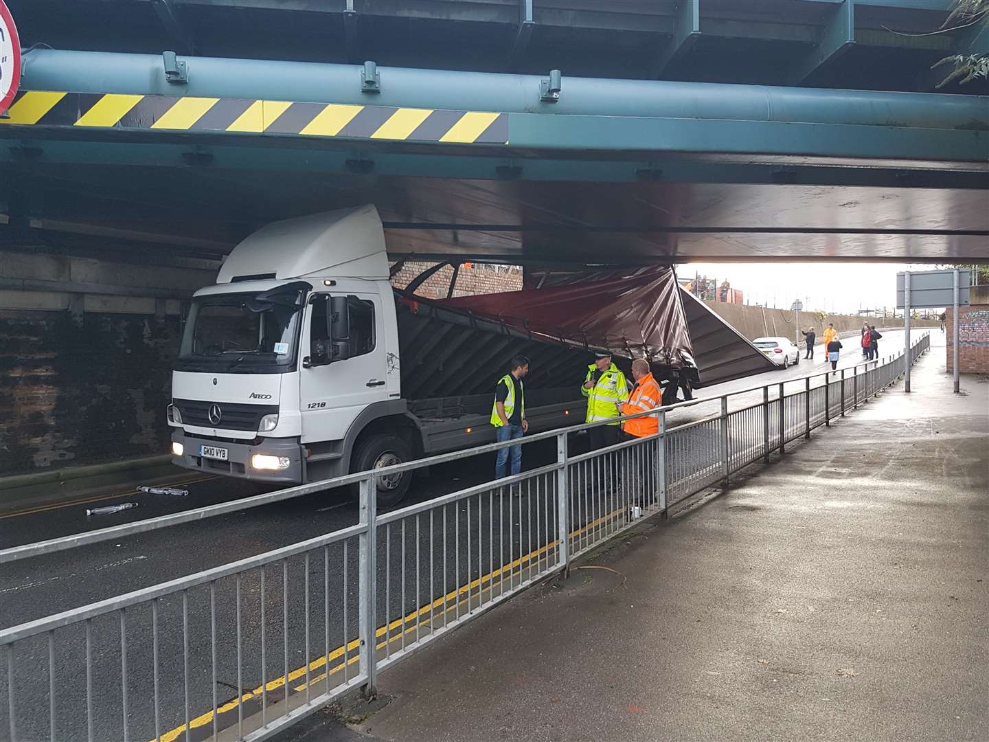 The top of the lorry has collapsed after it hit Newtown Road bridge (18826501)