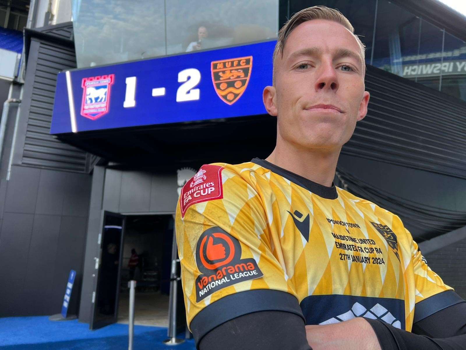 Match-winner Sam Corne in front of the Ipswich scoreboard. Picture: Barry Goodwin