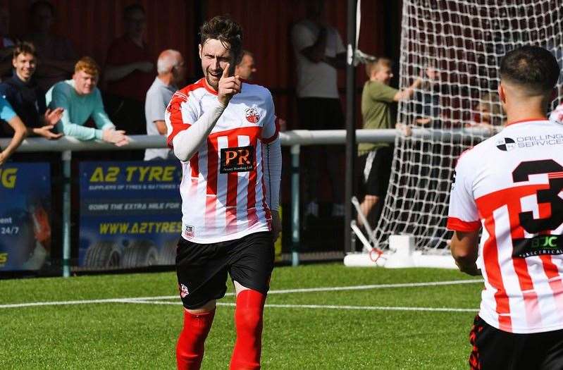 Dan Bradshaw celebrates the second goal for Sheppey United against Midhurst & Easebourne Picture: Marc Richards