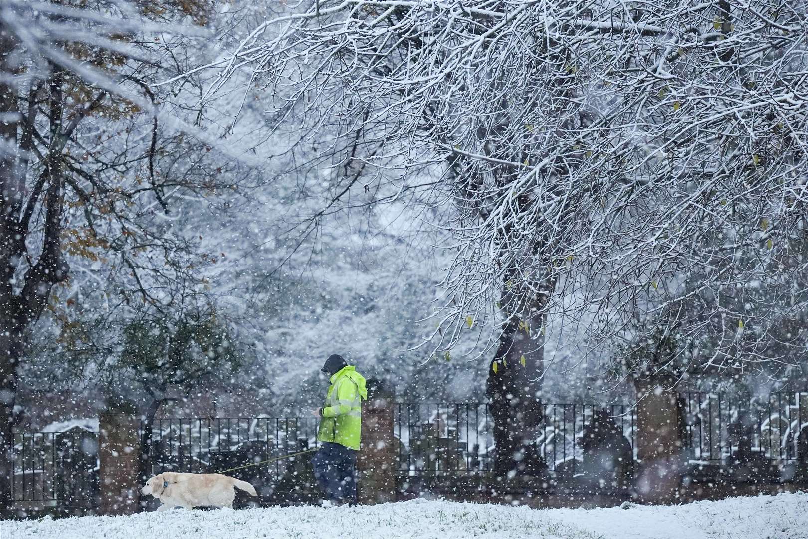 A person walks their dog during snowfall in Warwick (Jacob King/PA)