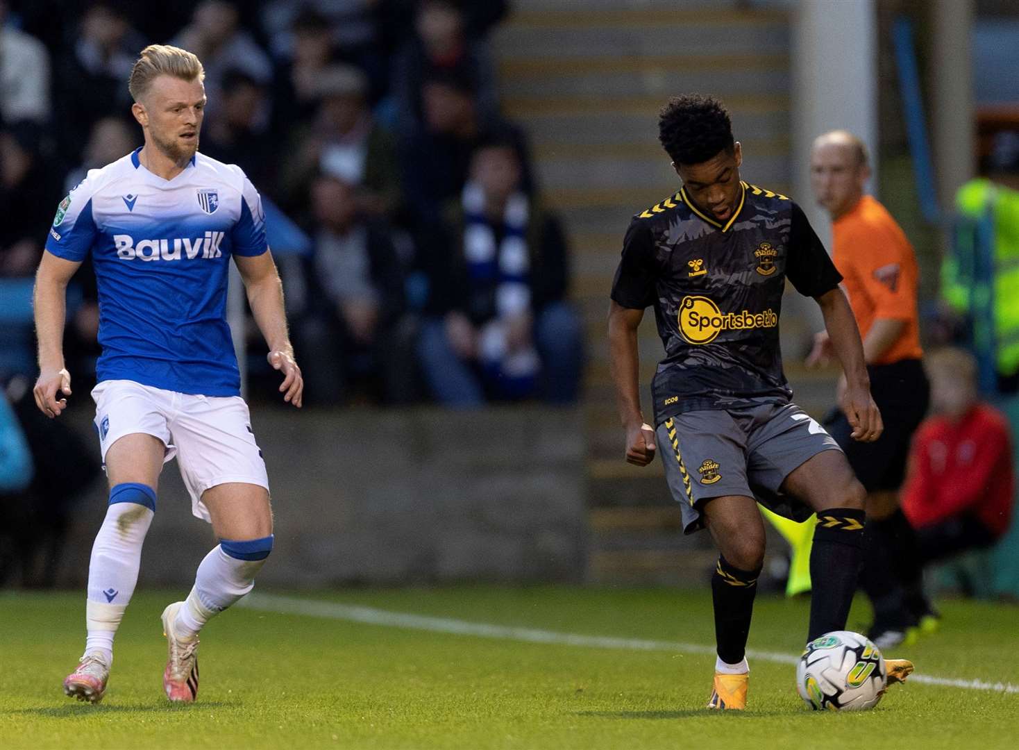 Gillingham’s Max Clark up against Southampton in the Carabao Cup last August. Picture: @Julian_KPI