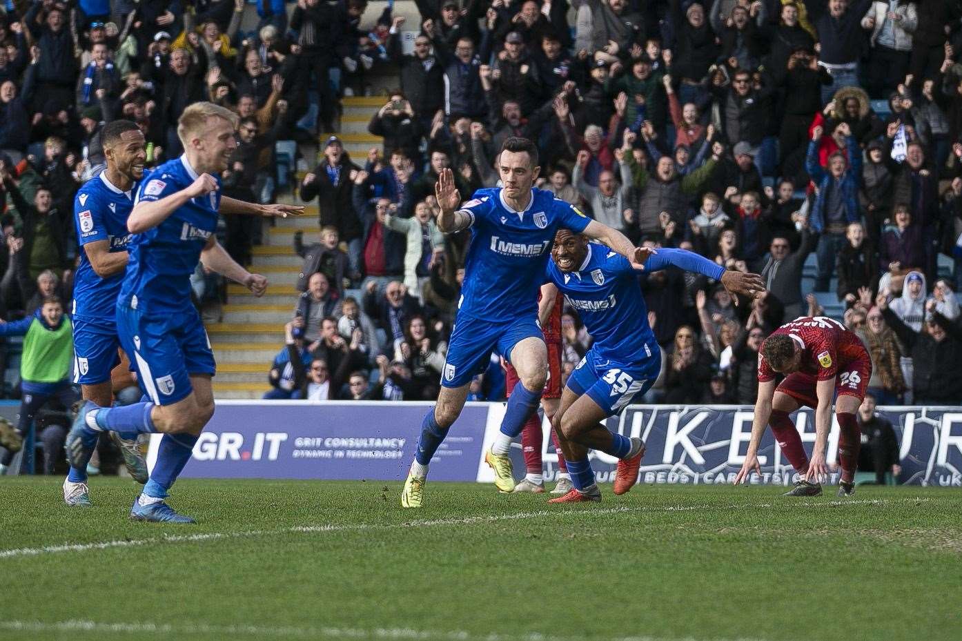 Celebrating the winning goal for Gillingham - Shaun Williams