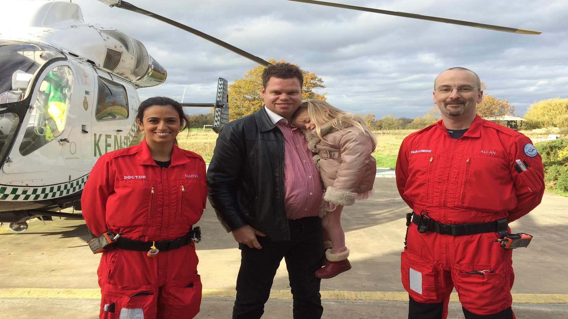 Ian Thomas and daughter Jacinta with Dr Marwa El Zanfaly and paramedic Allan McHenry, who helped save Jacinta's life