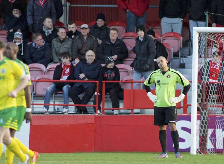 Preston Edwards is stunned by the bizarre own goal Picture: Andy Payton