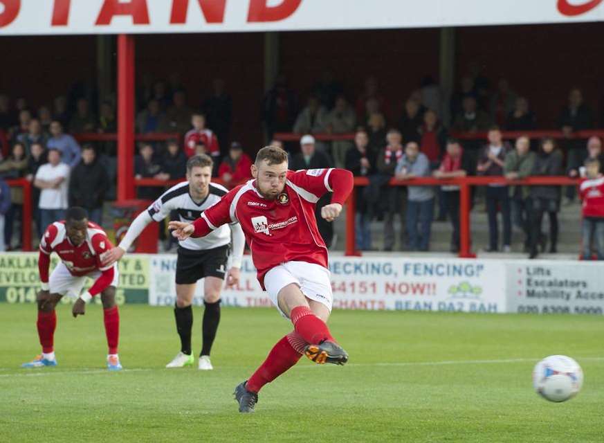 Billy Bricknell scores against Bromley in the play-off semi-final Picture: Andy Payton